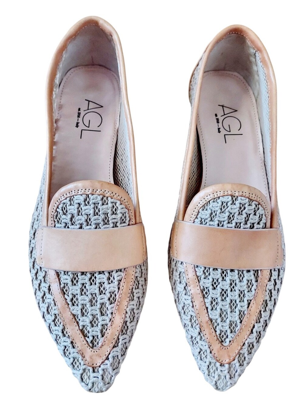 AGL Blanca Plots Tan and Cream Woven Leather Loafers 39.5